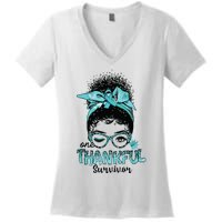 Afro Women Ovarian Cancer Awareness One Thankful Survivor Women's V-Neck T-Shirt