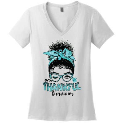 Afro Women Ovarian Cancer Awareness One Thankful Survivor Women's V-Neck T-Shirt