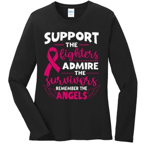 Angel Wing Pink Support The Fighters Breast Cancer Awareness Ladies Long Sleeve Shirt