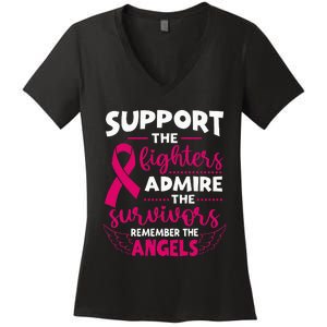 Angel Wing Pink Support The Fighters Breast Cancer Awareness Women's V-Neck T-Shirt