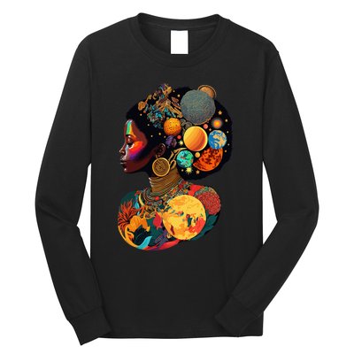 Afro Woman Portrait Galactic Beauty Pride Melanin Queen Long Sleeve Shirt