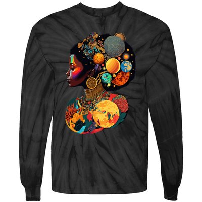 Afro Woman Portrait Galactic Beauty Pride Melanin Queen Tie-Dye Long Sleeve Shirt