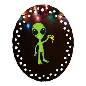 Alien With Pizza Slice Ufo Cute Alien Eating Pizza Ceramic Oval Ornament