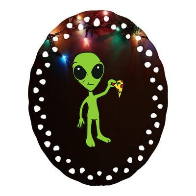 Alien With Pizza Slice Ufo Cute Alien Eating Pizza Ceramic Oval Ornament