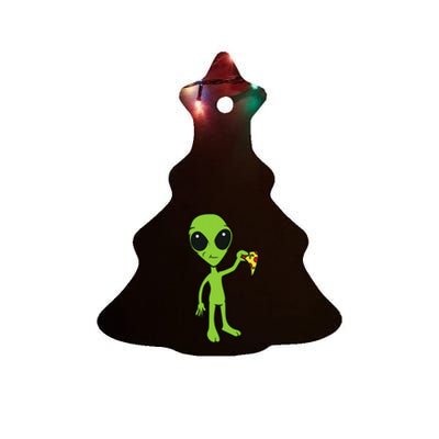 Alien With Pizza Slice Ufo Cute Alien Eating Pizza Ceramic Tree Ornament