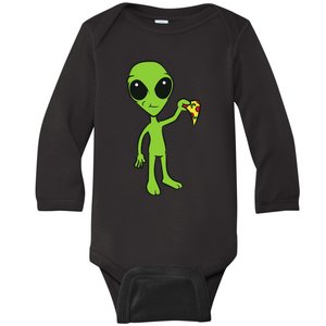 Alien With Pizza Slice Ufo Cute Alien Eating Pizza Baby Long Sleeve Bodysuit