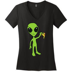 Alien With Pizza Slice Ufo Cute Alien Eating Pizza Women's V-Neck T-Shirt