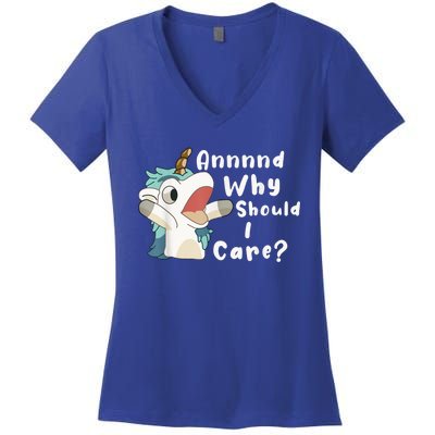 And Why Should I Care? Funny Sarcastic Unicorn Women's V-Neck T-Shirt