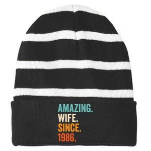 Amazing Wife Since 1986 37th Wedding Anniversary Striped Beanie with Solid Band