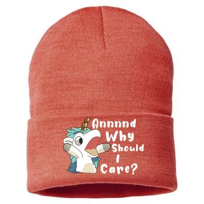 And Why Should I Care Funny Sarcastic Unicorn Sustainable Knit Beanie
