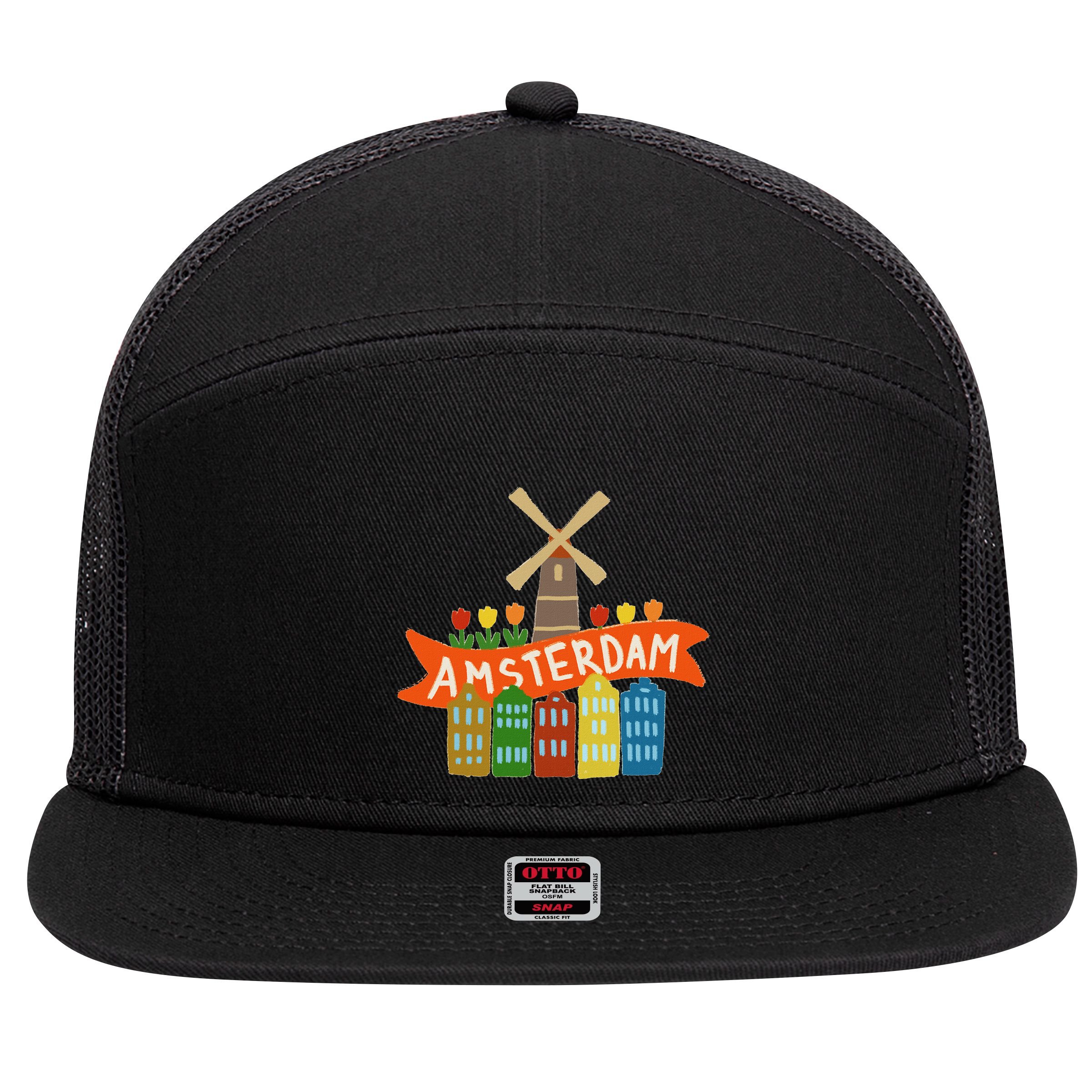 Amsterdam Windmill Tulips Houses Holland Netherlands 7 Panel Mesh Trucker Snapback Hat