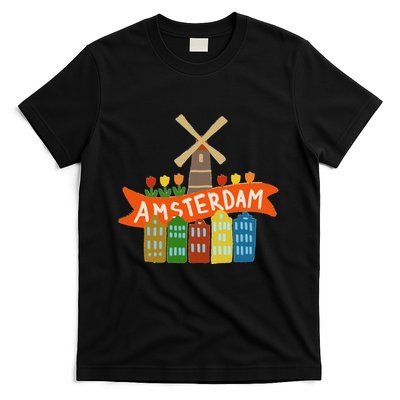 Amsterdam Windmill Tulips Houses Holland Netherlands T-Shirt