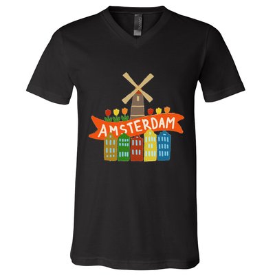 Amsterdam Windmill Tulips Houses Holland Netherlands V-Neck T-Shirt