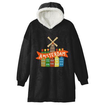 Amsterdam Windmill Tulips Houses Holland Netherlands Hooded Wearable Blanket