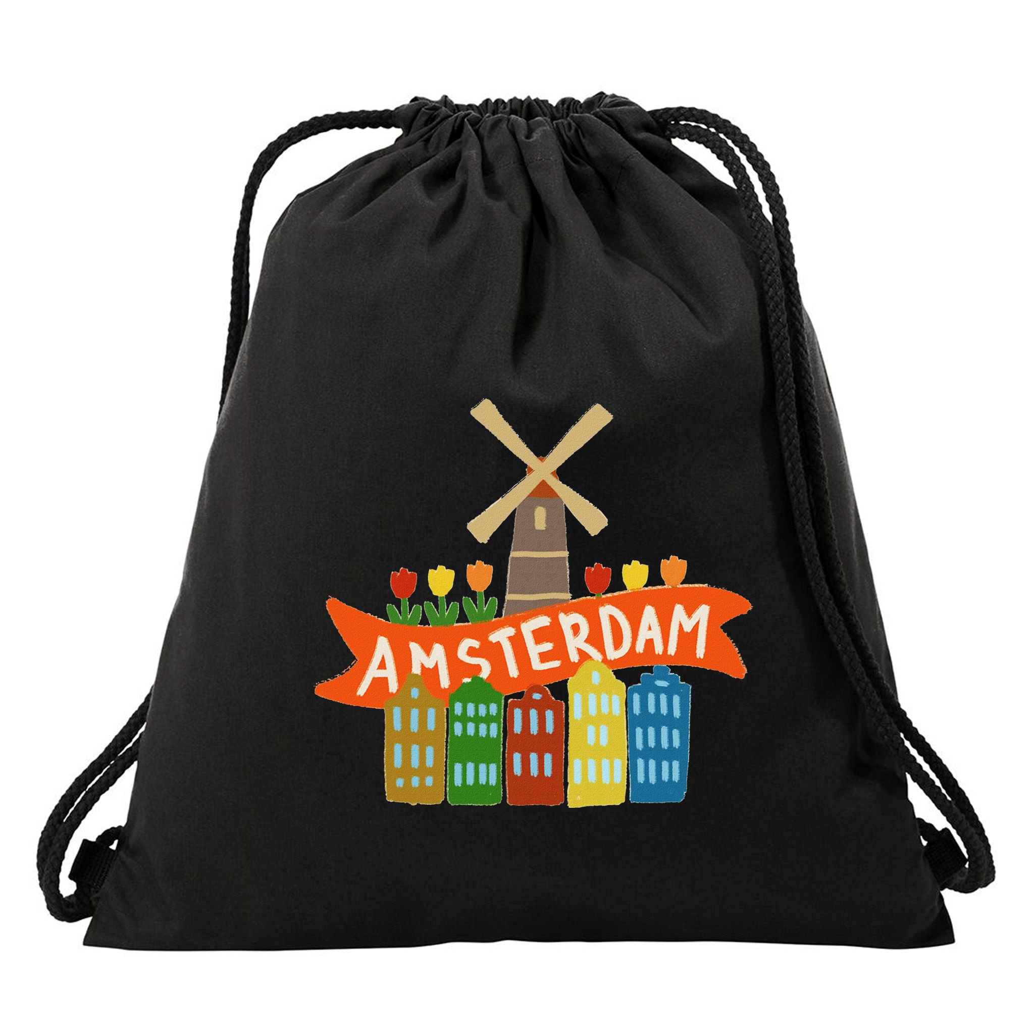Amsterdam Windmill Tulips Houses Holland Netherlands Drawstring Bag