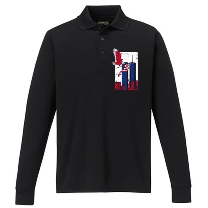 America World Trade Never Forget Performance Long Sleeve Polo