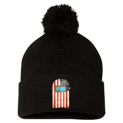 American Welder | US Flag Welding Hood Gift Pom Pom 12in Knit Beanie