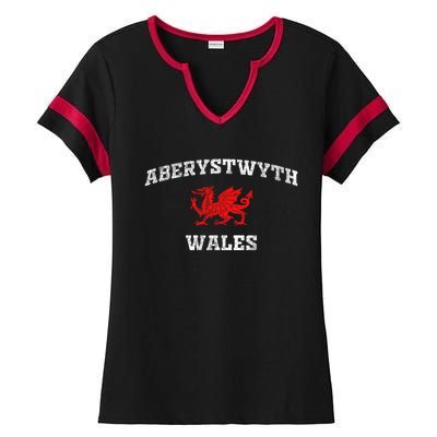 Aberystwyth Wales Welsh Dragon Flag Vintage Ladies Halftime Notch Neck Tee