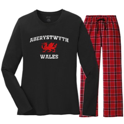 Aberystwyth Wales Welsh Dragon Flag Vintage Women's Long Sleeve Flannel Pajama Set 