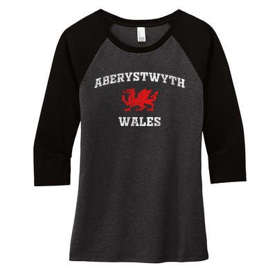 Aberystwyth Wales Welsh Dragon Flag Vintage Women's Tri-Blend 3/4-Sleeve Raglan Shirt