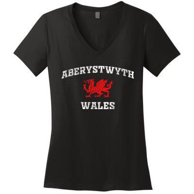 Aberystwyth Wales Welsh Dragon Flag Vintage Women's V-Neck T-Shirt