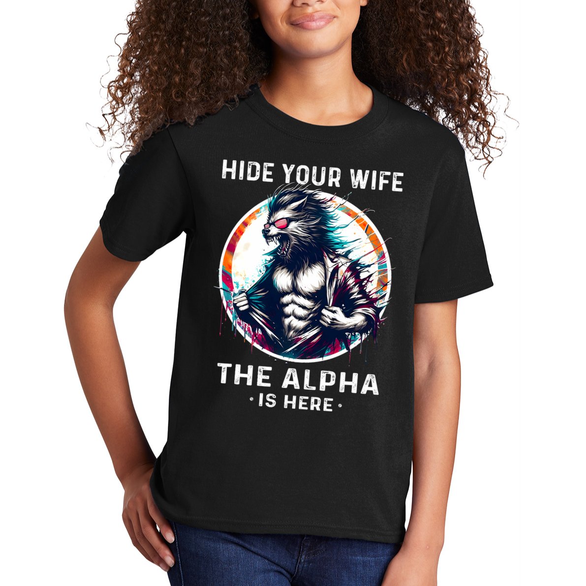 Alpha Wolf Werewolf Meme For Wolf Meme Hide Your Wife The Alpha Is Here Kids T-Shirt