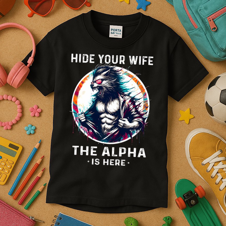 Alpha Wolf Werewolf Meme For Wolf Meme Hide Your Wife The Alpha Is Here Kids T-Shirt