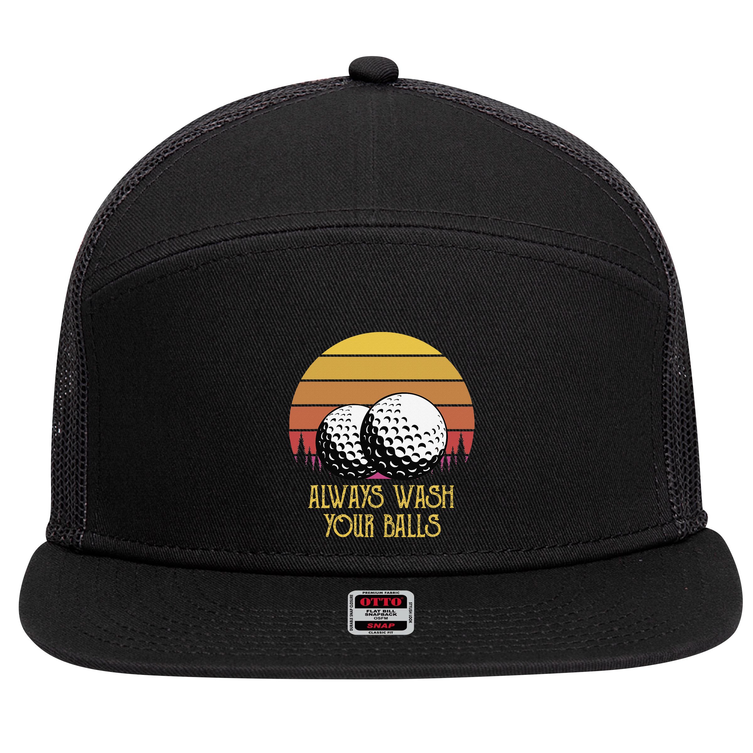Always Wash Your Balls Adult Humor Retro Sunset Golf 7 Panel Mesh Trucker Snapback Hat