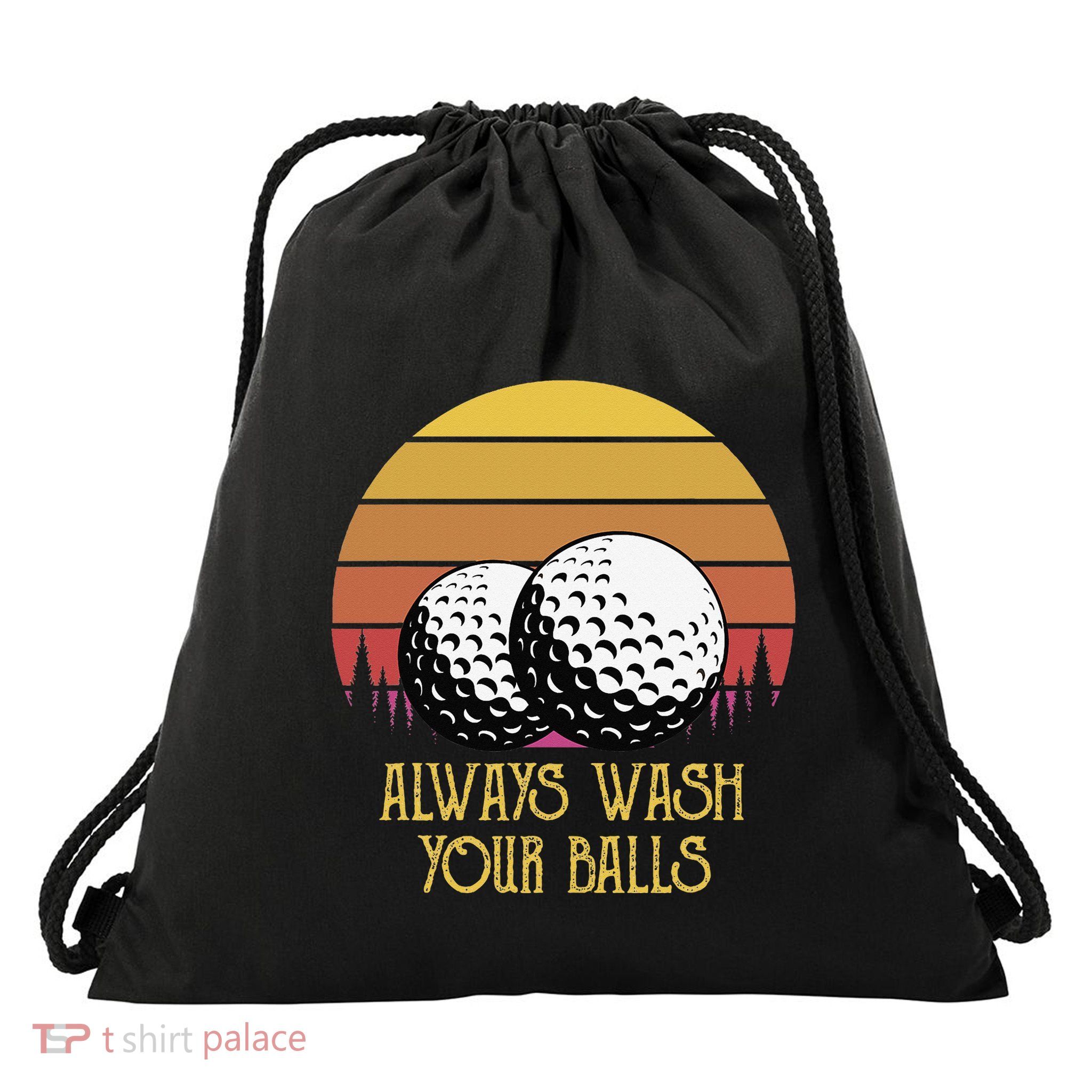 Always Wash Your Balls Adult Humor Retro Sunset Golf Drawstring Bag