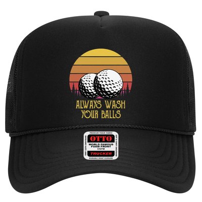 Always Wash Your Balls Adult Humor Retro Sunset Golf Trucker Hat