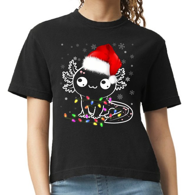 Axolotl Xmas Hat Santa Tree Cute Funny Christmas Pajama Comfort Colors Boxy T-Shirt