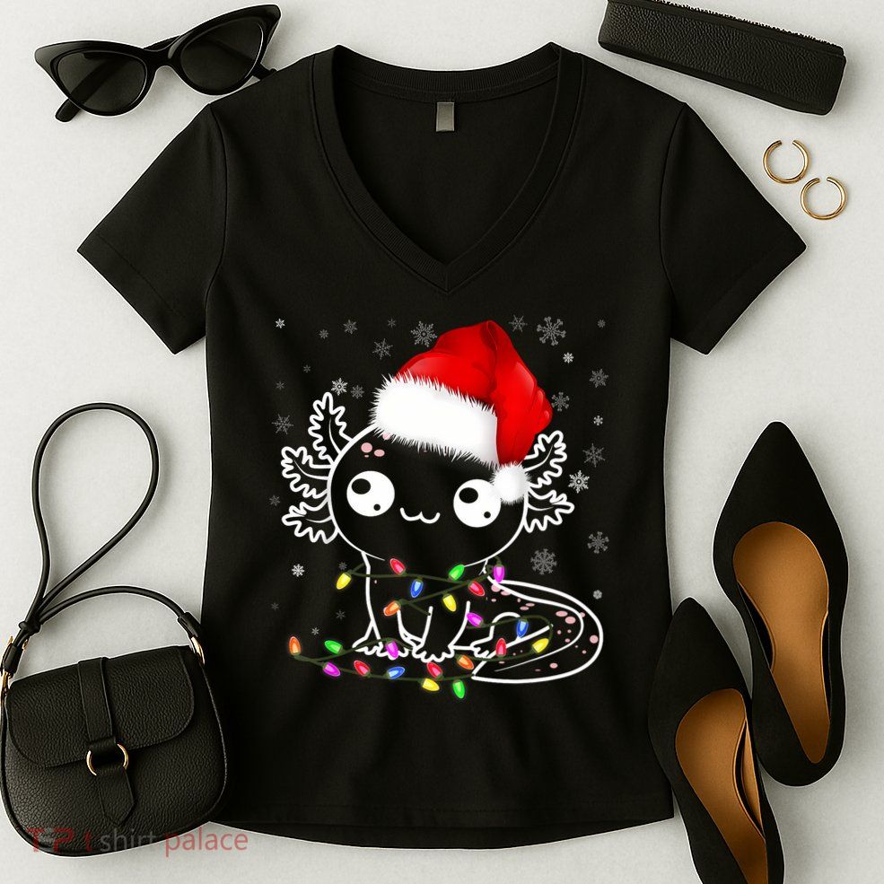 Axolotl Xmas Hat Santa Tree Cute Funny Christmas Pajama Women's V-Neck T-Shirt