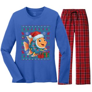 Angelfish Xmas Lights Ugly Santa Hat Angelfish Christmas Gift Women's Long Sleeve Flannel Pajama Set 