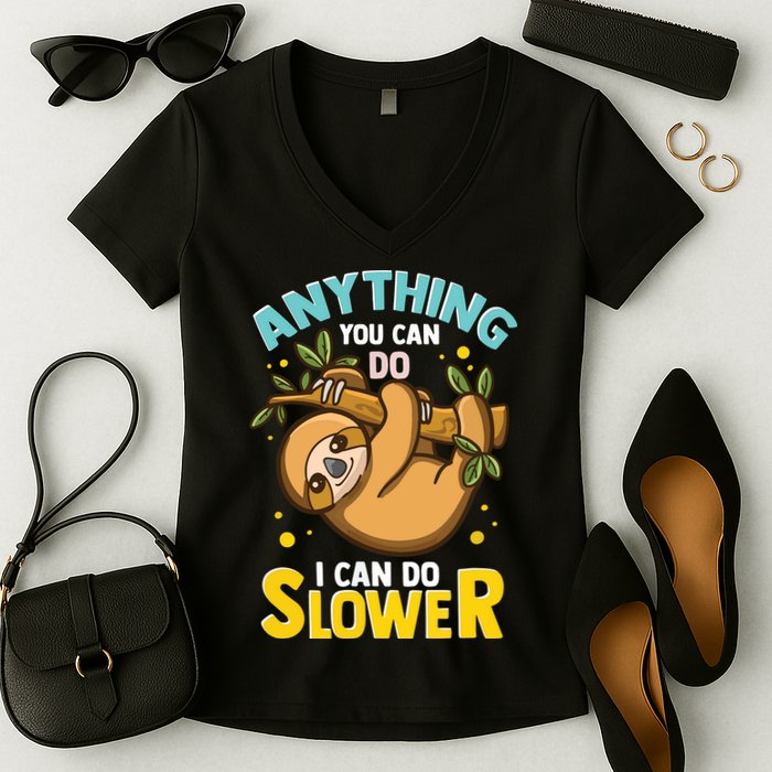 Anything You Can Do I Can Do Slower Lazy Sloth Women's V-Neck T-Shirt