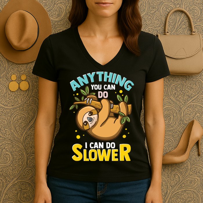 Anything You Can Do I Can Do Slower Lazy Sloth Women's V-Neck T-Shirt