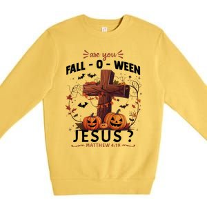 Are You Falloween Jesus Cross Pumpkins Christian Faith Gift Premium Crewneck Sweatshirt