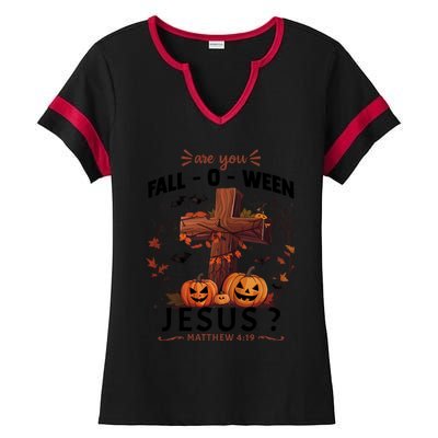 Are You Falloween Jesus Cross Pumpkins Christian Faith Gift Ladies Halftime Notch Neck Tee