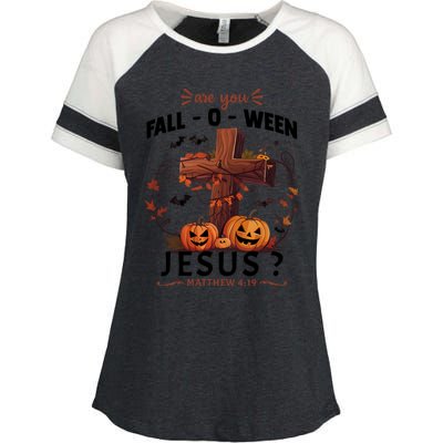 Are You Falloween Jesus Cross Pumpkins Christian Faith Gift Enza Ladies Jersey Colorblock Tee