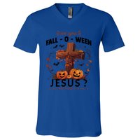 Are You Falloween Jesus Cross Pumpkins Christian Faith Gift V-Neck T-Shirt