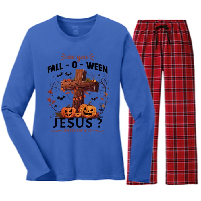 Are You Falloween Jesus Cross Pumpkins Christian Faith Gift Women's Long Sleeve Flannel Pajama Set 