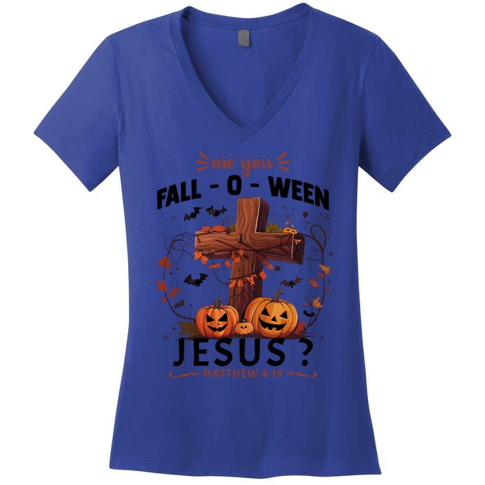 Are You Falloween Jesus Cross Pumpkins Christian Faith Gift Women's V-Neck T-Shirt