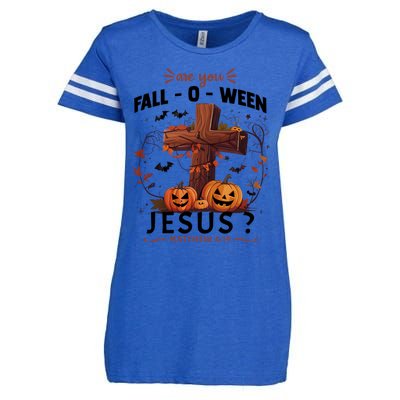 Are You Falloween Jesus Cross Pumpkins Christian Faith Gift Enza Ladies Jersey Football T-Shirt