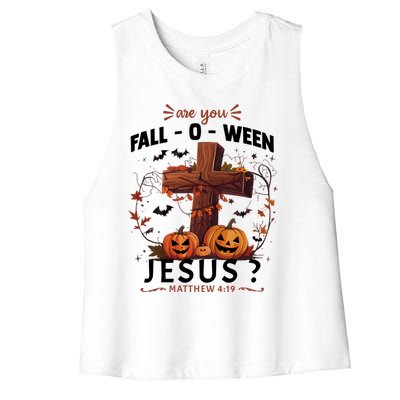 Are You Falloween Jesus Cross Pumpkins Christian Faith Gift Women's Racerback Cropped Tank