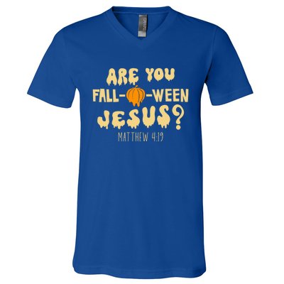 Are You Falloween Jesus Christian Fall Halloween Groovy Gift V-Neck T-Shirt