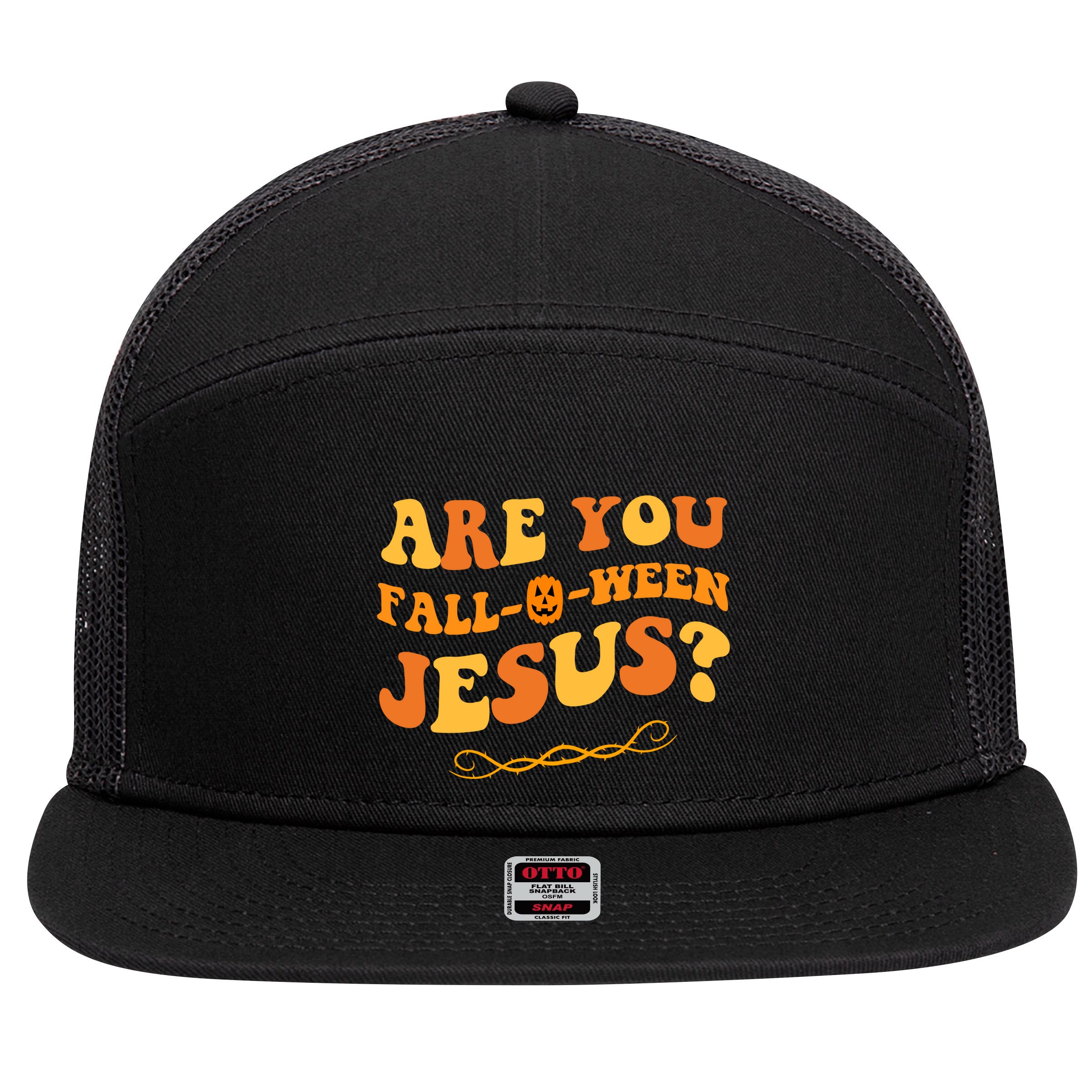 Are You Falloween Jesus? Cute Funny Halloween Fall 7 Panel Mesh Trucker Snapback Hat