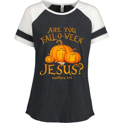 Are You Fall O Ween Jesus Christian Halloween Pumpkin Enza Ladies Jersey Colorblock Tee