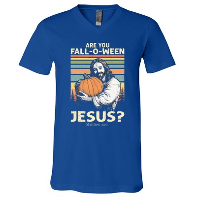 Are You Falloween Jesus Christian Halloween Pumpkin V-Neck T-Shirt