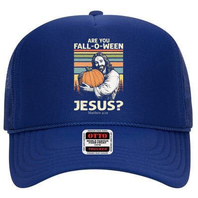 Are You Falloween Jesus Christian Halloween Pumpkin High Crown Mesh Back Trucker Hat