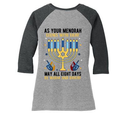 As Your Menorah Glows With Light May All Eight Days Be Warm And Bright Women's Tri-Blend 3/4-Sleeve Raglan Shirt