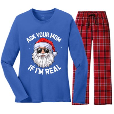 Ask Your Mom If I'm Real Funny Christmas Santa Claus Xmas Cute Gift Women's Long Sleeve Flannel Pajama Set 